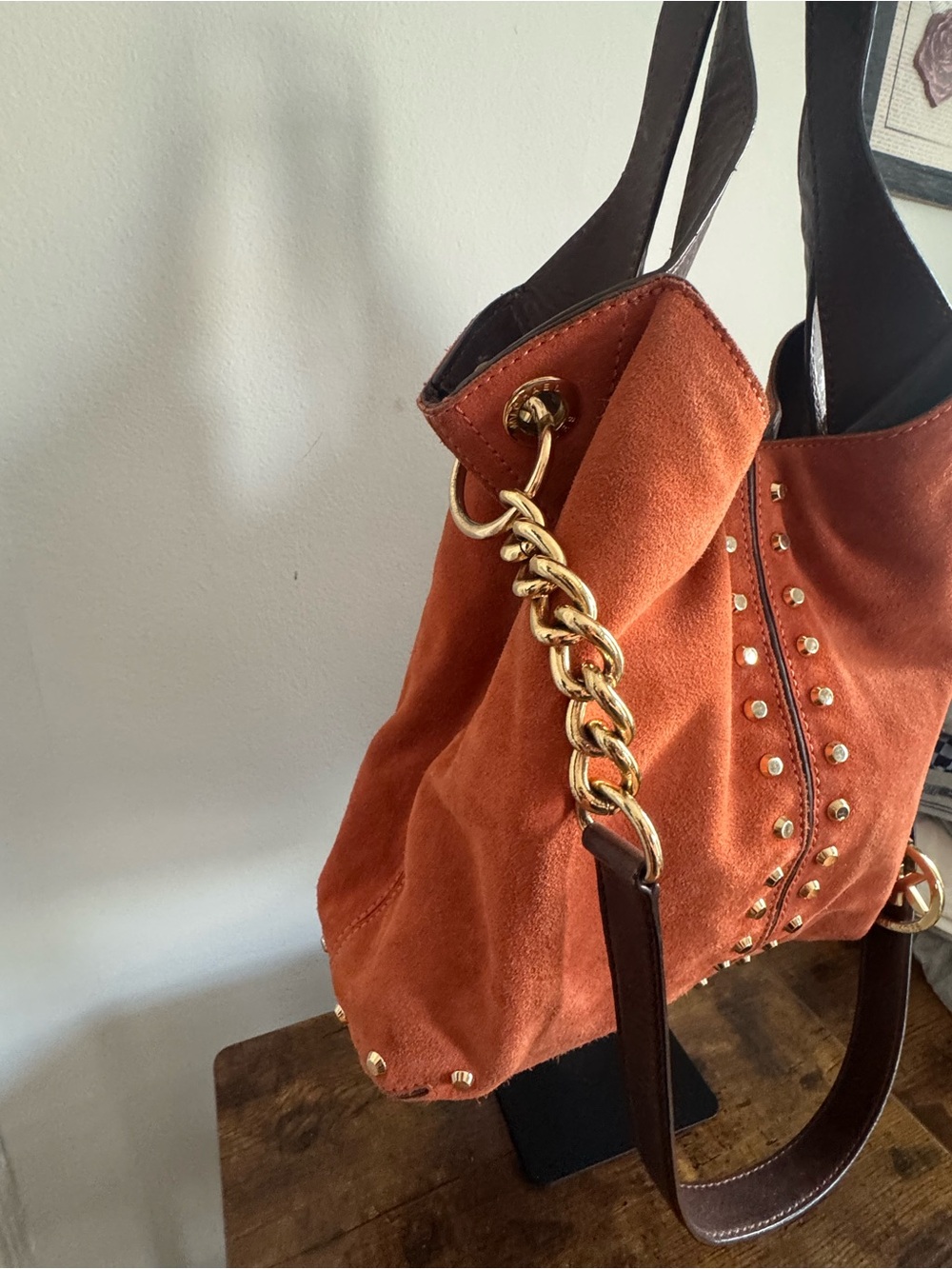 Michael Kors Orange Suede Studded Tote Bag with Gold Accents - Picture 4 of 7